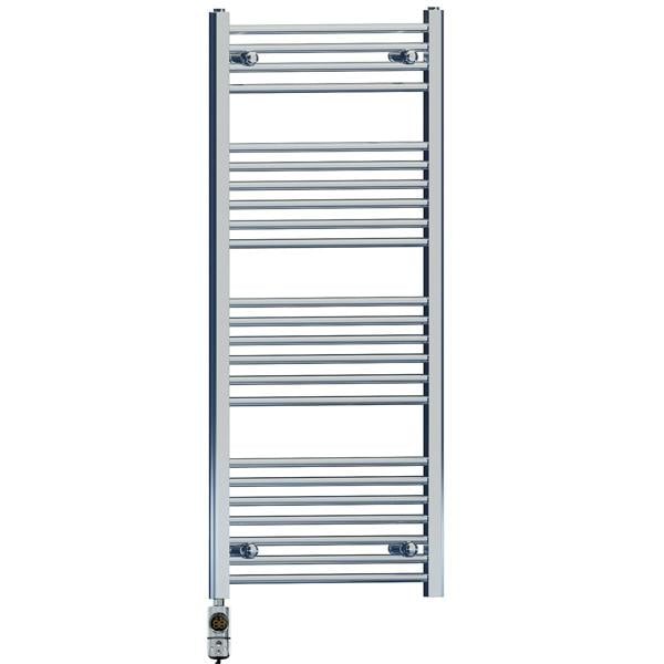 MYHOMEWARE 600 x 1200 mm Chrome Electric Bathroom Towel Rail Radiator Heater With AF Thermostatic Electric Element Pre-Filled