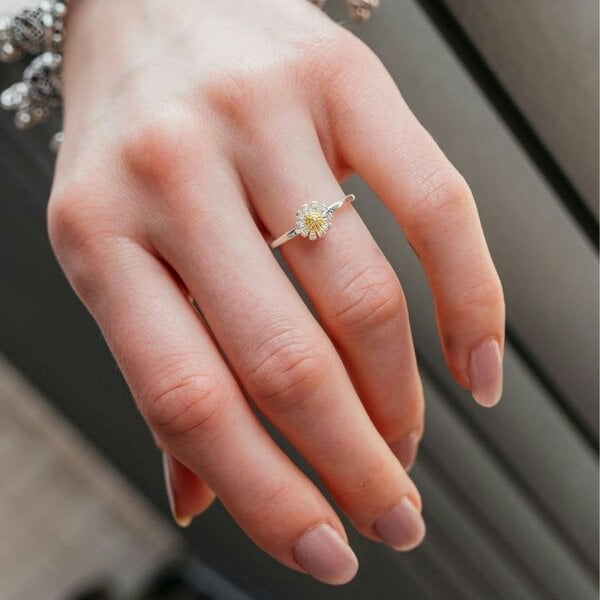 The Colourful Aura Silver Sunflower Daisy Tiny Slim Adjustable Floral Stackable Ring