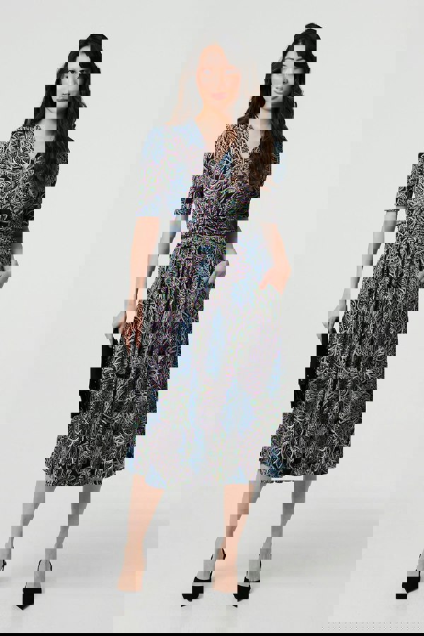 Navy | Leaf Print 1/2 Sleeve Faux Wrap Midi Dress
