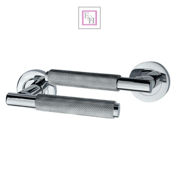 EDH Door Hardware Polished Chrome Knurled Door Handles on Round Rose – Handle Sets