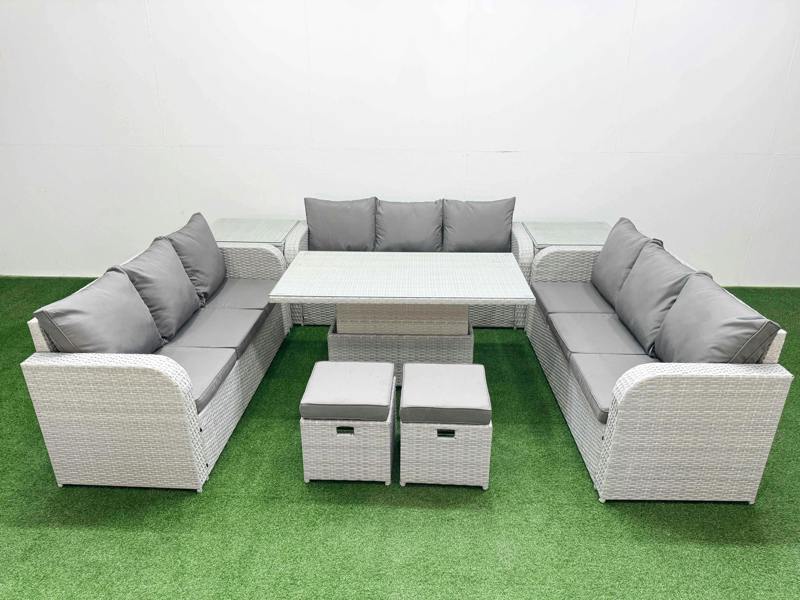 Fimous 11 Seater PE Rattan Garden Furniture Lounge Sofa Patio Set, Adj Height Table, 3 Seater Sofa, 2 Stools, 2 Side Table, Light Grey