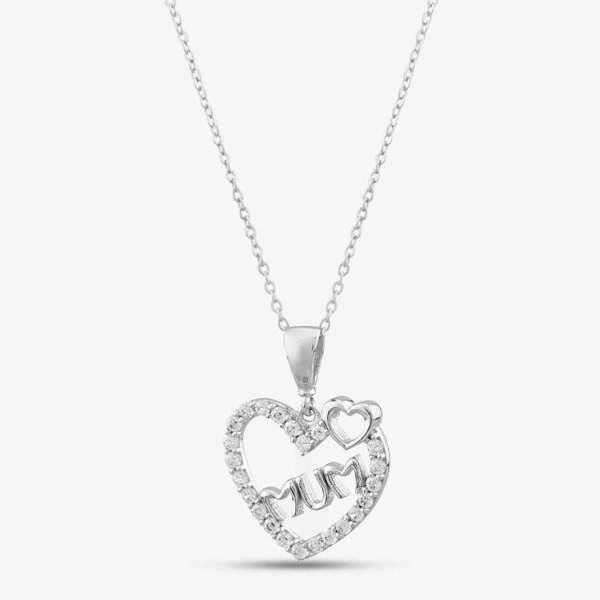 T. H. Baker 9ct White Gold Cubic Zirconia Open Heart Mum Necklace P1620W 5.13.0024