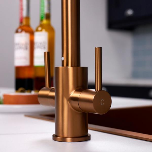 Flode Hammerfest | Dual Lever Kitchen Sink Mixer Tap with Swivel Spout | Brushed Copper Finish