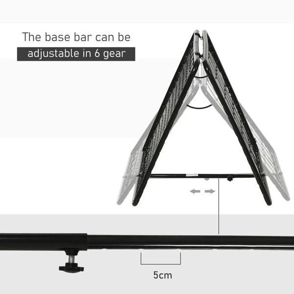 Adjustable black rebounder net goal with hinged legs and base bar, 6-position feature