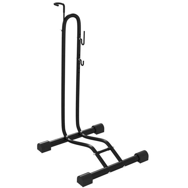 Black bike storage rack stand with adjustable wheel hooks and horizontal support base