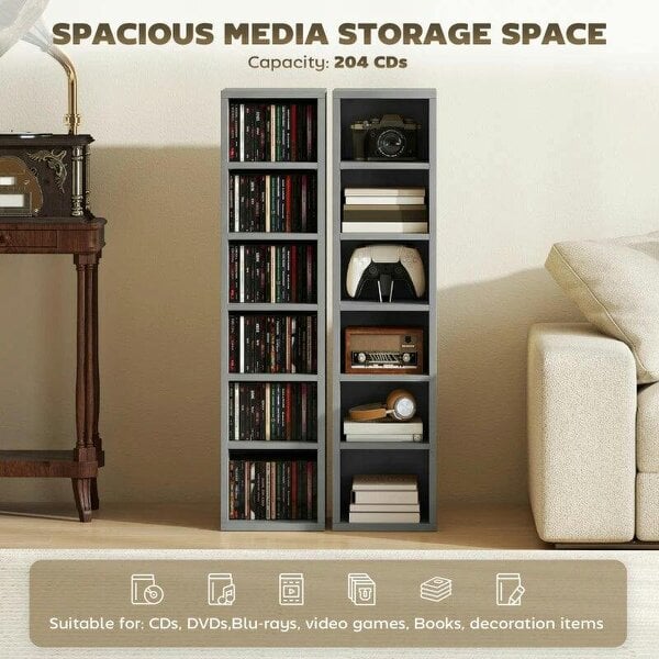 Bobobiy Set of 2 CD Media Display Shelf Unit Tower Rack with Adjustable Shelves, Light Grey