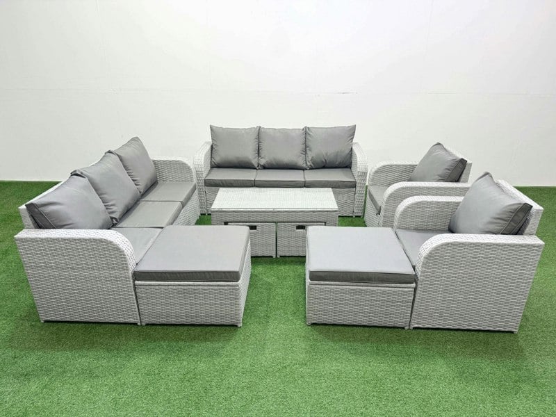 Fimous PE Wicker Rattan Furniture Sofa Sets with Oblong Coffee Table 3 Seater Sofa 4 Stools Light Grey