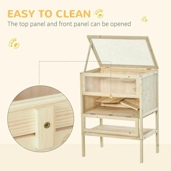 Natural fir small animal cage with open top panel and wire mesh lid