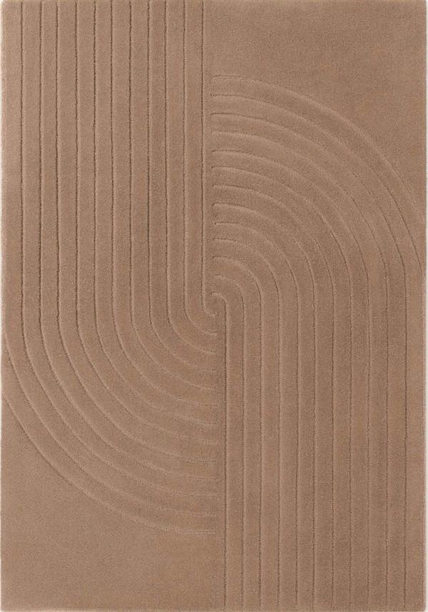 Brown textured rug with wavy line pattern