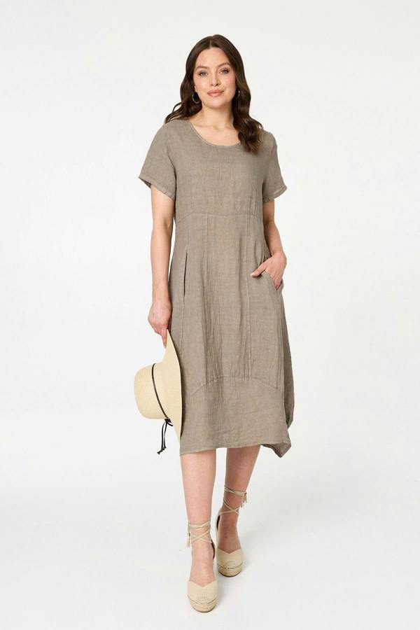 Brown | Short Sleeve Oversized Midi Shift Dress