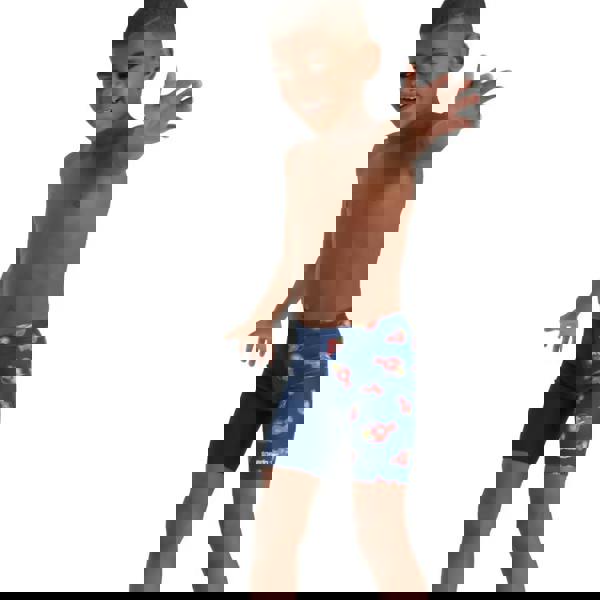 Speedo Tots Boys Digi Allover Jammer: Navy blue swim trunks with red yellow flamingo print, quick-dry fabric