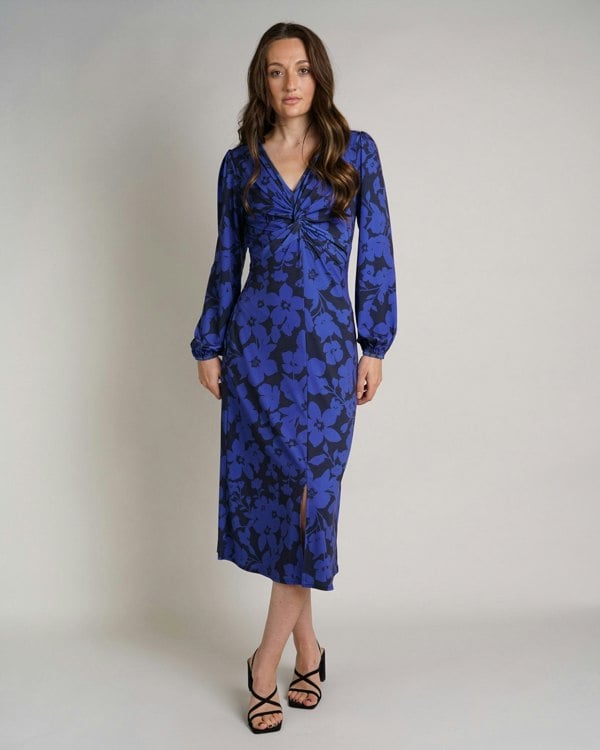 Antonia York Blue Floral Print Dress | Wanda Twisted Front Soft Jersey Midi Dress