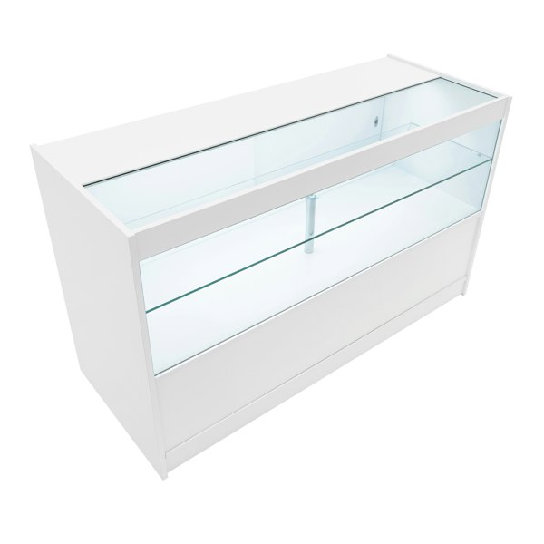LED retail shop counter C1500 in sleek white finish, featuring a glass display top and spacious storage below for showcasing products