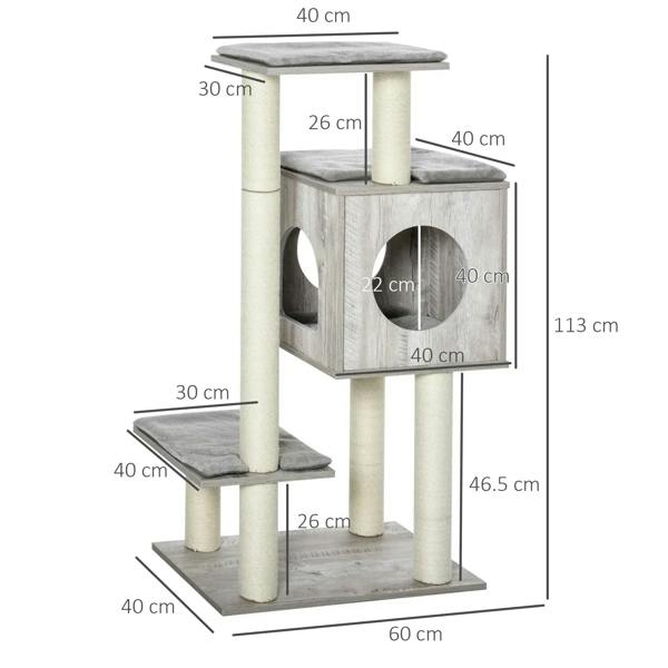 Cat tree dimensions view with round door openings, three levels, and grey platforms