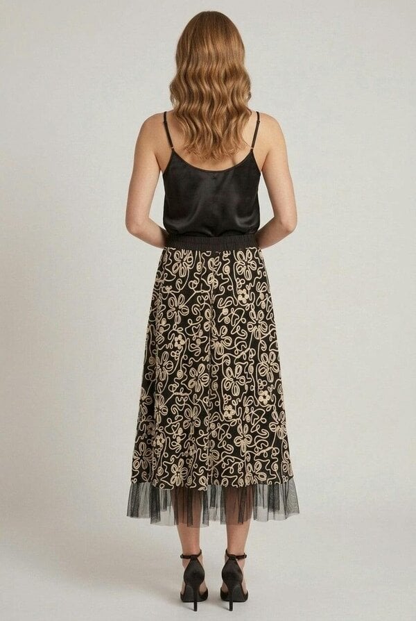Izabel London Floral Mesh Hem A-Line Midi Skirt