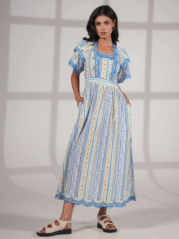 Rose & Nancy Bella Blue and White Ditsy Print Embroidered Midi Dress