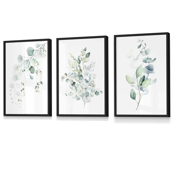 Artze Wall Art FLORAL Set of 3 Eucalyptus Blue Green Leaves Framed Prints