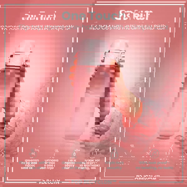 A pink water bottle is being held; its flip top opens one-handed with a simple click. The bottle features a triple lock security mechanism and is 100% leak-proof. POD RECYCLON™ is visible on the image.