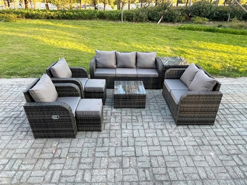 Fimous 9 Seater Garden Furniture Set Rattan Outdoor Lounge Sofa Chair With Tempered Glass Table Side Table 2 Small Footstools Dark Grey Mixed