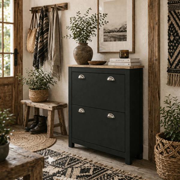 Wyld Haus Resuka Wooden Black Slim Shoe Cabinet With 2 Flip Drawers For 6 To 12 Pairs