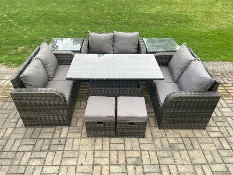 Fimous Rattan Garden Outdoor Furniture 3 PC Love Sofa Set Patio Adjustable Rising lifting Dining Table With 2 Side Tables 2 Small Footstools