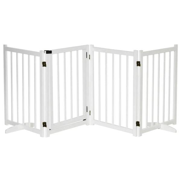 White freestanding wooden pet gate with vertical bars and hinged 4-panel folding design