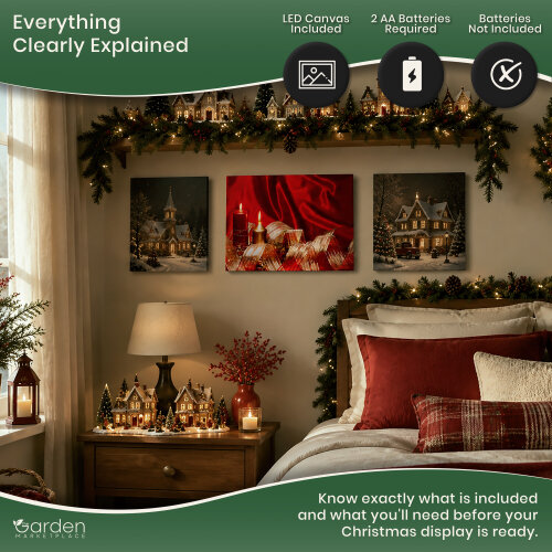 Christmas Ribbon & Candles LED Canvas Picture Print, Wooden Frame Wall Art with Switch, 40cm x 30cm, Battery Powered