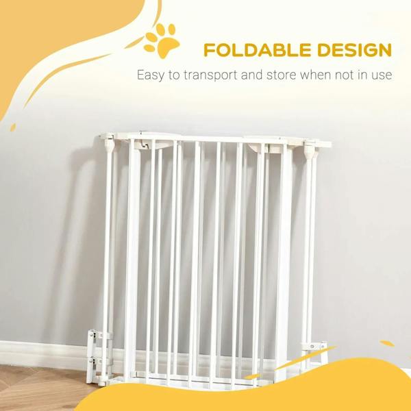 White foldable metal pet safety gate with vertical bars and bottom latch hardware
