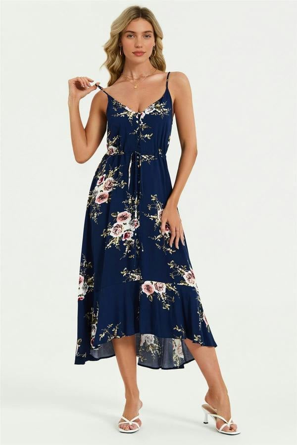 FS Collection Floral Print Button Down High Low Strappy Dress In Navy