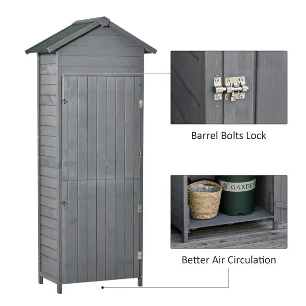 Dark grey wooden shed cabinet with double doors closed and barrel-bolt locks
