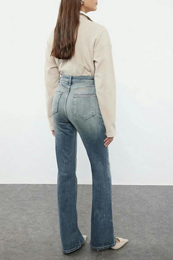 WOVCOR Faded Effect Vintage Regular Waist Flared Jeans