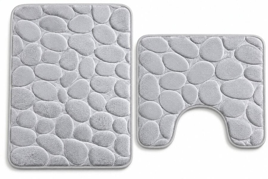 Night Zone Pebble Stone Bath Mat Set – Soft Absorbent Non-Slip Bathroom Rug Set - Silver