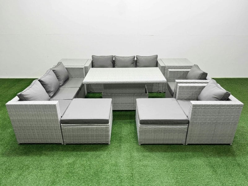 Fimous 9 PCs Rising Dining Table Set Rattan Furniture Set with 3 Seater Sofa Chair 2 Big Footstools 2 Side Tables Light Grey
