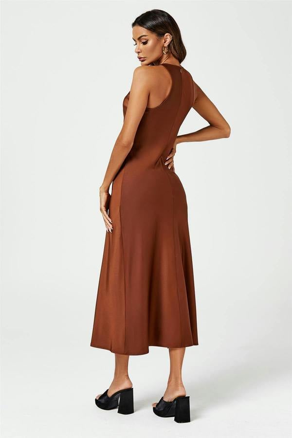 FS Collection Slim-Fit Satin Midi Dress In Brown