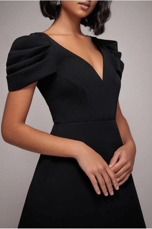 Plunging Neck Pleated Sleeve Scuba Mini Dress - Black DR4798