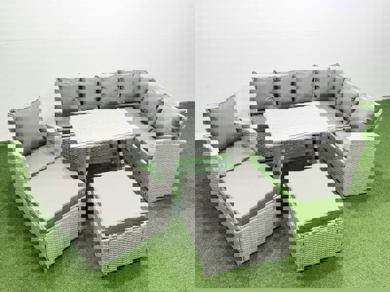 Fimous 9 Seater Garden Outdoor Rattan Furniture Set Rattan Corner Sofa Oblong Dining Table with Armchair 2 Big Footstools Light Grey Mixed