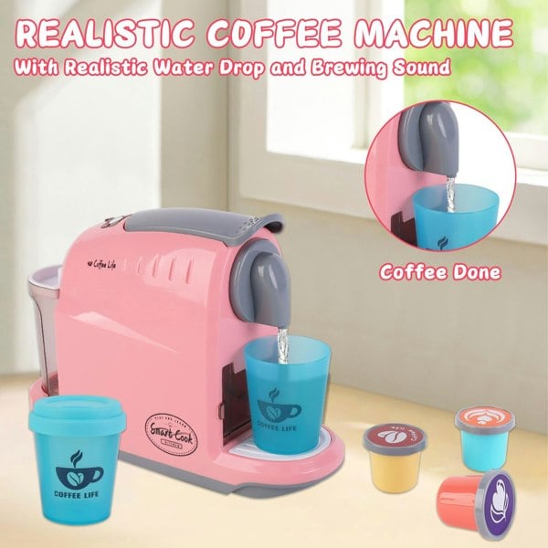 deAO Toys Kids Coffee Machine Toy with Lights, Sounds, and Order Broadcast – Interactive Pretend Play Kitchen Appliance, Perfect Gift in Pink