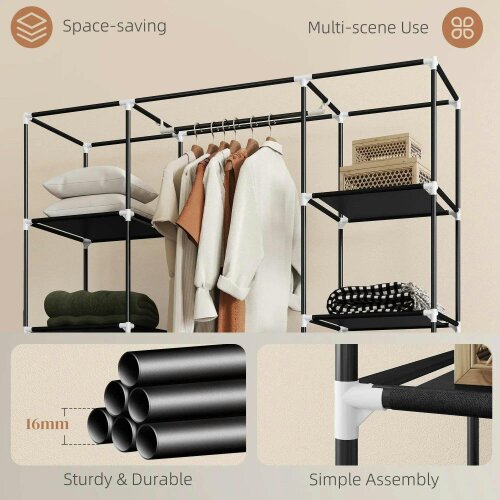 Portable Wardrobe, Foldable Fabric Wardrobe, 150 x 43 x 162.5cm, Clothes Storage Organiser - Hanging Rail, Shelves, Fabric Cover, Black