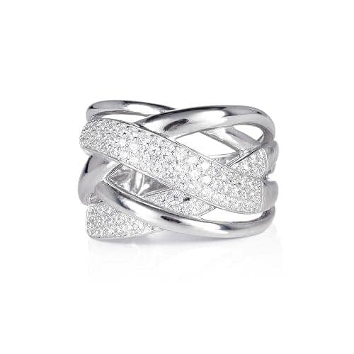 namana 925 Sterling Silver Wide Criss Cross Ring for Women with Cubic Zirconia Stones