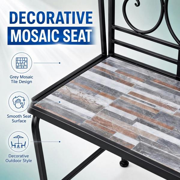 Oasis Mosaic 2 Seater Garden Bench, 112cm Outdoor Patio Seat with Ceramic Tile Seat, Scrollwork Backrest & Metal Frame image 9
