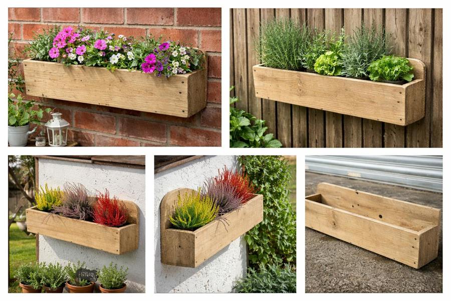 Wall mounted rough sawn wooden garden trough planted with seasonal flowers outdoors