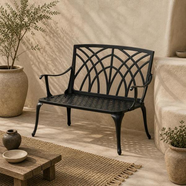 Wyld Haus Elsu 2 Seater Outdoor Garden Bench Black Cast Aluminium Antique Finish
