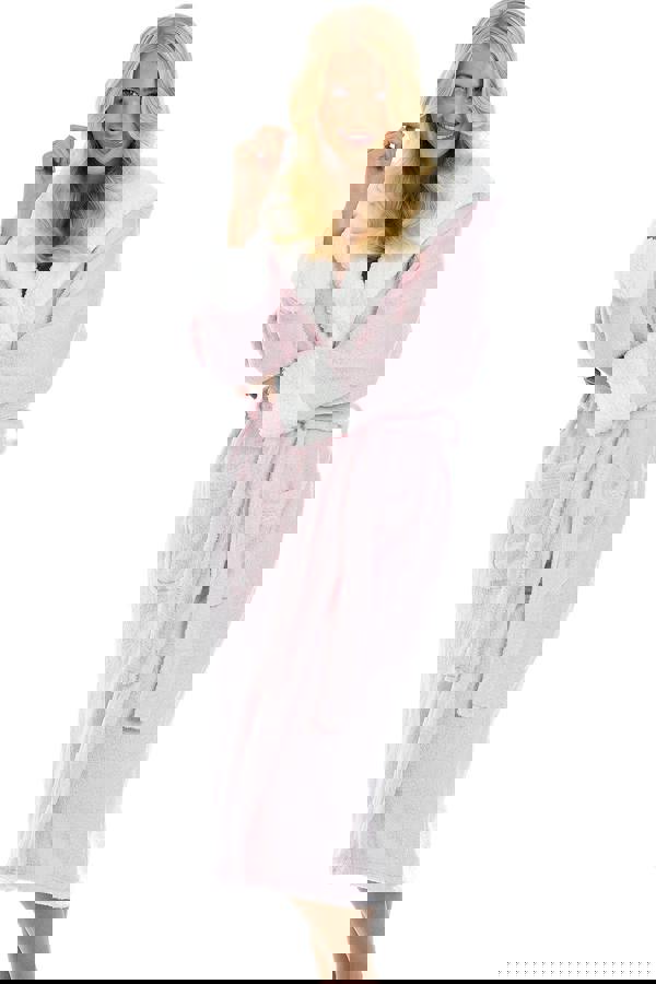 Camille Womens Pink Deep Pile Full Length Fleece Bathrobe with Sherpa Lined Hood & Cuffs