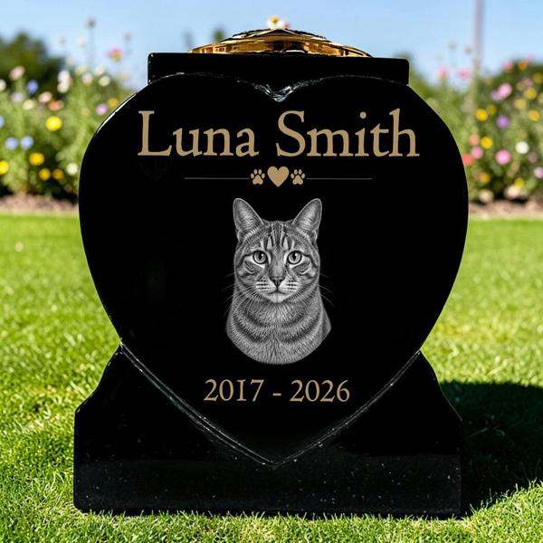 Memorials Direct Cat Memorial Granite Heart-Shaped Photo Vase