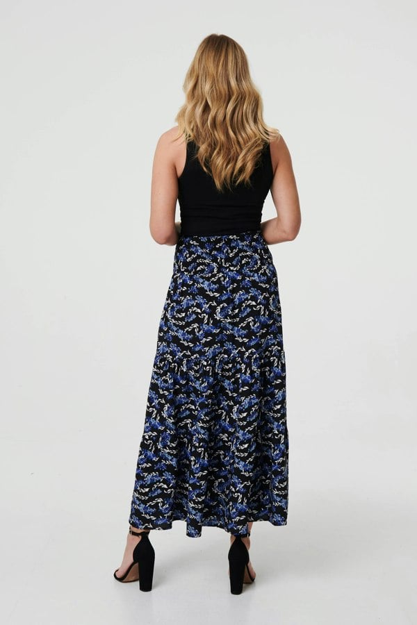 Blue | Floral High Waist Shirred Maxi Skirt
