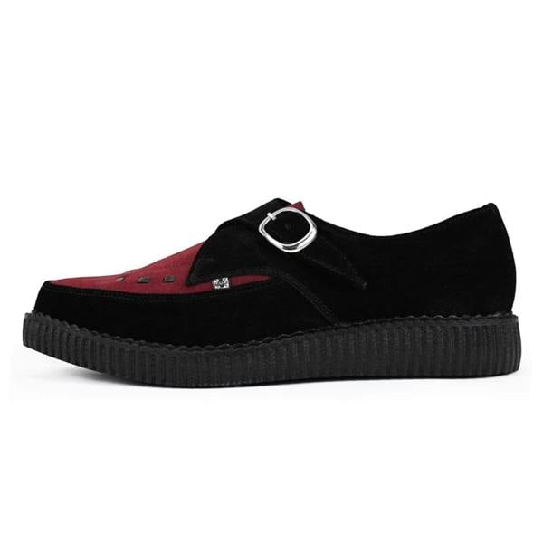 TUK Footwear TUK Pointed Creeper Black Burgundy Suede Monk Buckle Platform Shoes - A9592