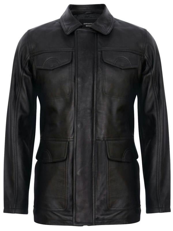 Infinity Leather Mens Black Leather Safari Jacket-Porto