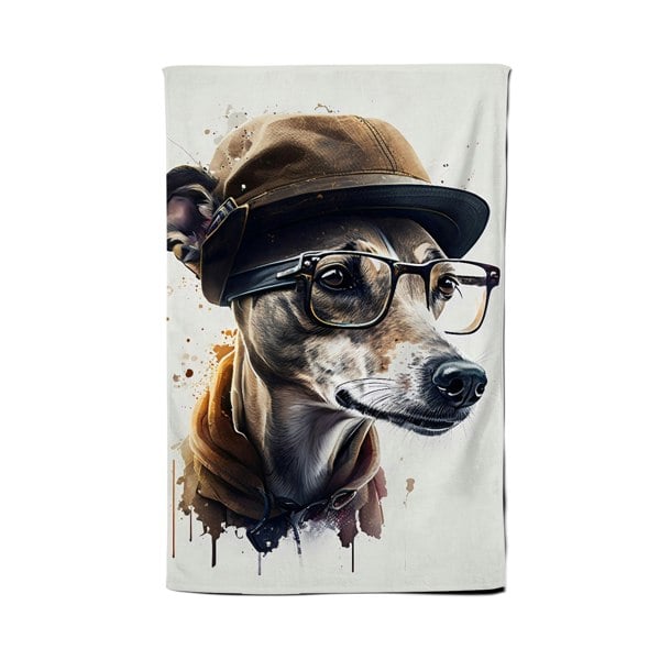 Warren Reed Whippet Dog With Glasses Splashart Tea Towel