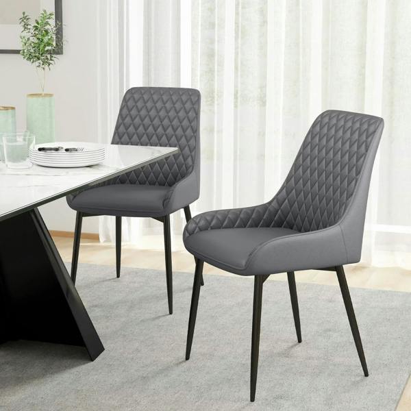 Grey PU leather accent dining chairs with diamond quilting and tapered black metal legs
