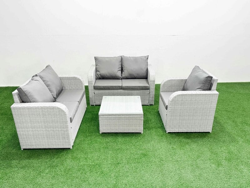 Fimous High Back Poly Rattan Garden Furniture Set with Reclining Chair Loveseat Sofa Square Coffee Table Indoor Outdoor Patio  Set Light Grey